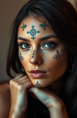 A close-up portrait of a beautiful woman with striking features and a captivating expression