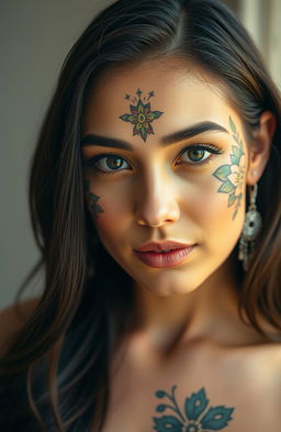 A close-up portrait of a beautiful woman with striking features and a captivating expression