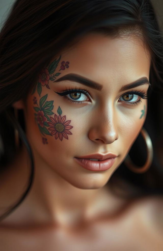 A close-up portrait of a beautiful woman with striking features and a captivating expression