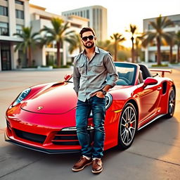 A person standing confidently next to a sleek, luxurious Porsche sports car