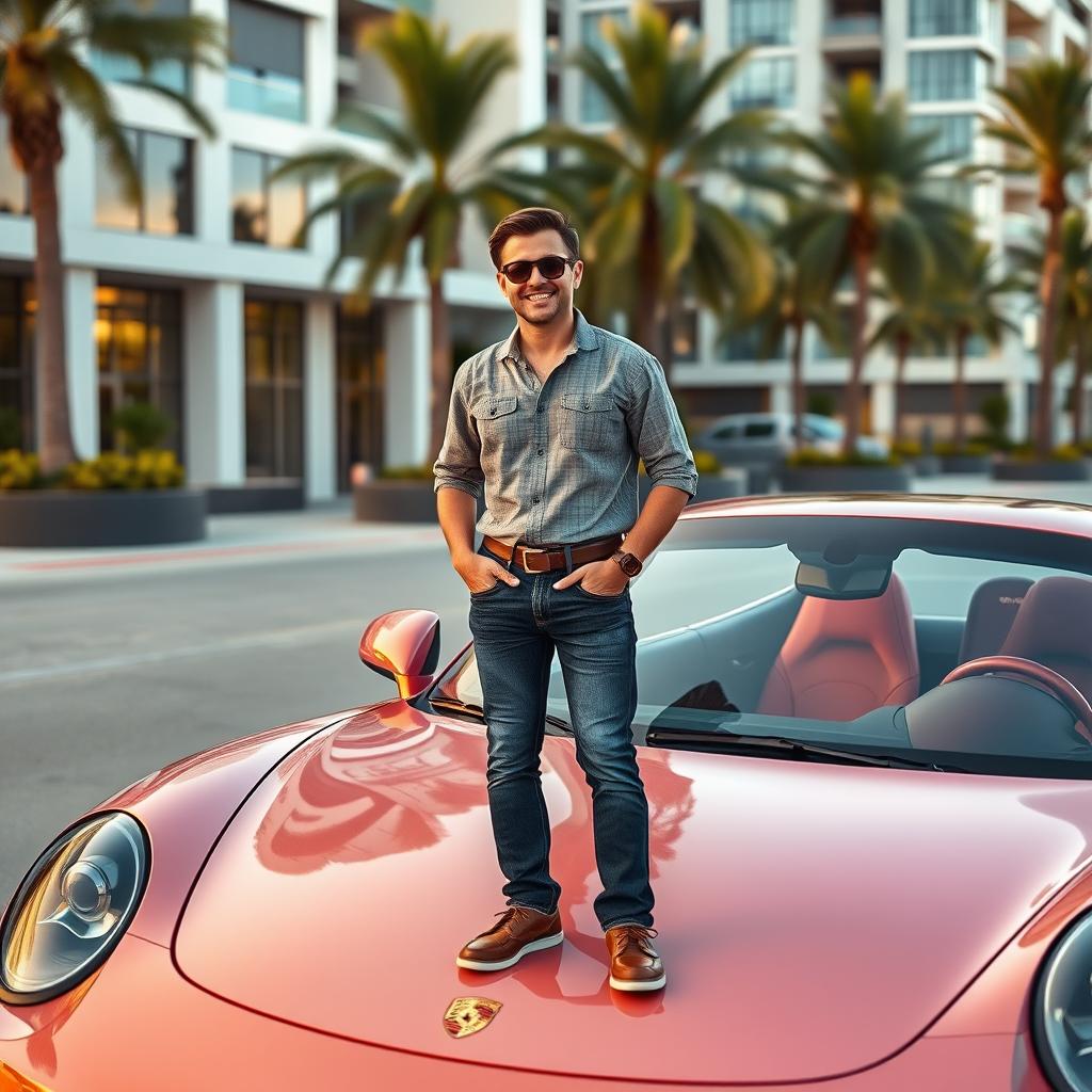 A person standing confidently next to a sleek, luxurious Porsche sports car