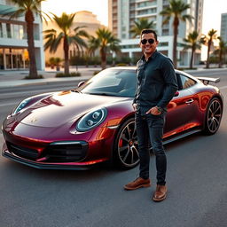 A person standing confidently next to a sleek, luxurious Porsche sports car