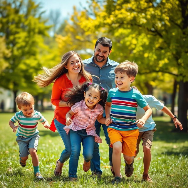 A heartwarming family portrait of a loving mother, her husband, their daughter, and their son, embracing joyfully in a sunny park setting