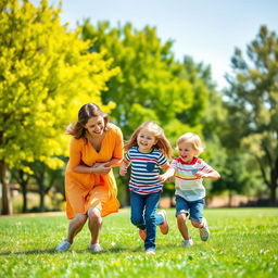 A heartwarming family portrait of a loving mother, her husband, their daughter, and their son, embracing joyfully in a sunny park setting