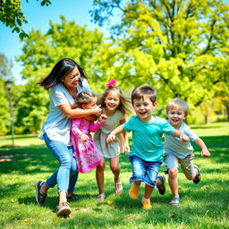 A heartwarming family portrait of a loving mother, her husband, their daughter, and their son, embracing joyfully in a sunny park setting