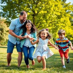 A heartwarming family portrait of a loving mother, her husband, their daughter, and their son, embracing joyfully in a sunny park setting