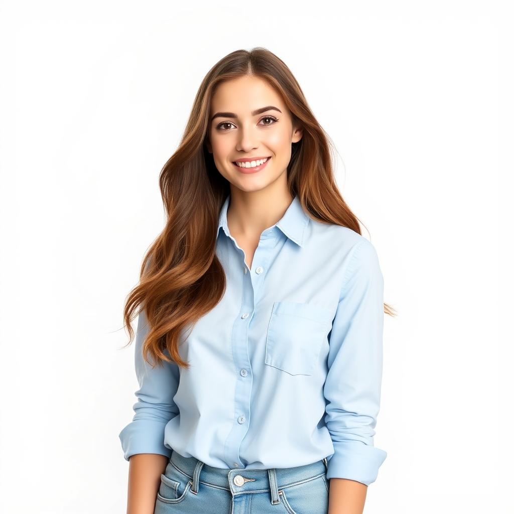 A stylish young woman with long, flowing brown hair wearing a light blue shirt that gently fits her figure