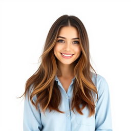 A stylish young woman with long, flowing brown hair wearing a light blue shirt that gently fits her figure
