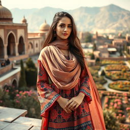 A beautiful Iranian woman wearing a traditional Persian dress, intricately designed with vibrant colors and ornate patterns