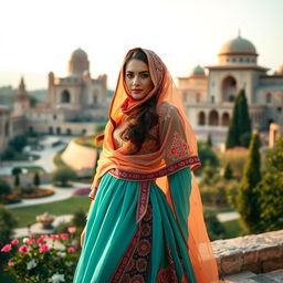 A beautiful Iranian woman wearing a traditional Persian dress, intricately designed with vibrant colors and ornate patterns