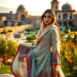 A beautiful Iranian woman wearing a traditional Persian dress, intricately designed with vibrant colors and ornate patterns