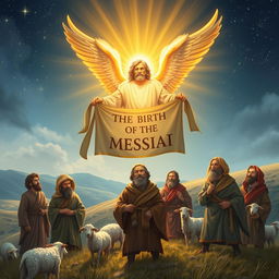 A vivid scene depicting shepherds in rugged clothing, standing on a hillside under a starry sky, their faces illuminated by a radiant, heavenly light