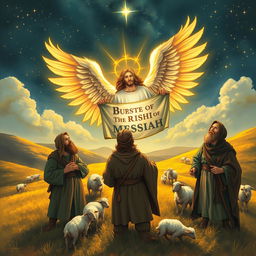 A vivid scene depicting shepherds in rugged clothing, standing on a hillside under a starry sky, their faces illuminated by a radiant, heavenly light