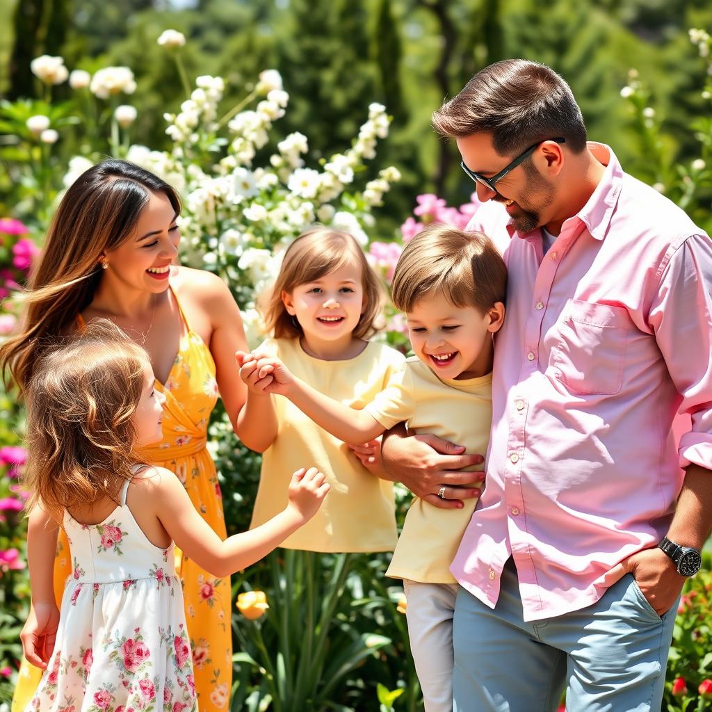 A heartwarming scene of a loving mother, her husband, their daughter, and their son enjoying a sunny day in a beautiful garden