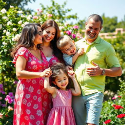 A heartwarming scene of a loving mother, her husband, their daughter, and their son enjoying a sunny day in a beautiful garden