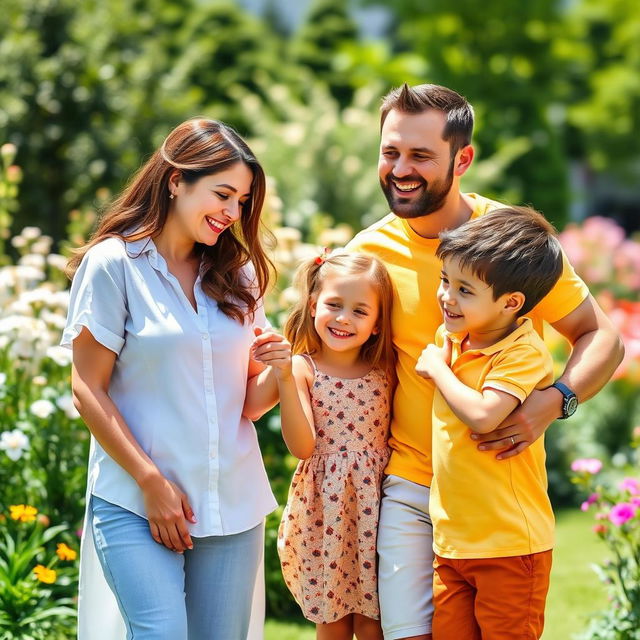 A heartwarming scene of a loving mother, her husband, their daughter, and their son enjoying a sunny day in a beautiful garden