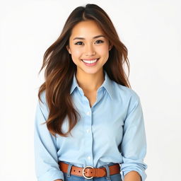 A stylish young woman with long, flowing brown hair wearing a light blue shirt that gently fits her figure