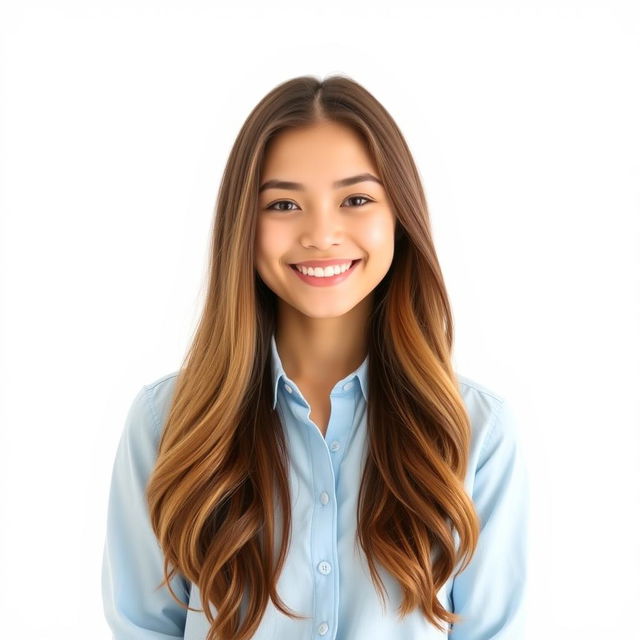 A stylish young woman with long, flowing brown hair wearing a light blue shirt that gently fits her figure