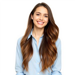 A stylish young woman with long, flowing brown hair wearing a light blue shirt that gently fits her figure
