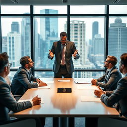 A confident male CEO in a sharp suit, holding a meeting with a group of diverse investors around a modern conference table