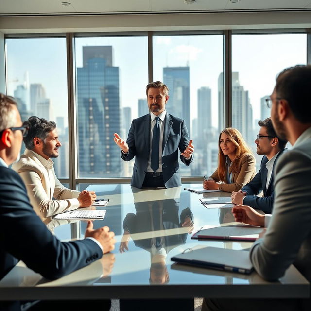 A confident male CEO in a sharp suit, holding a meeting with a group of diverse investors around a modern conference table