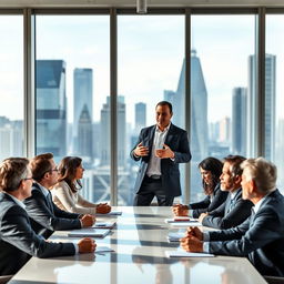 A confident male CEO in a sharp suit, holding a meeting with a group of diverse investors around a modern conference table