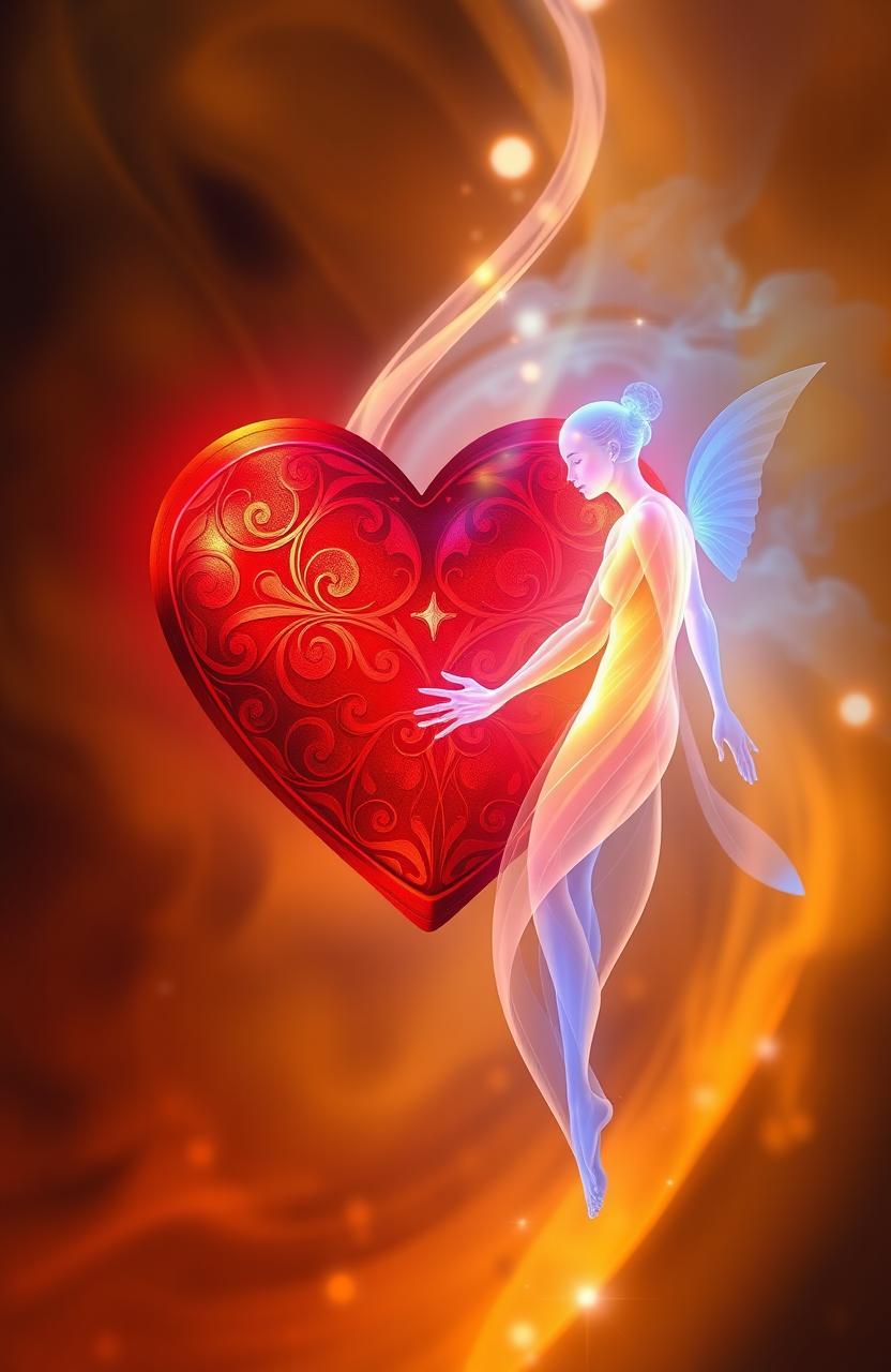 An artistic representation of a single heart intertwined with two ethereal souls, representing unity and connection