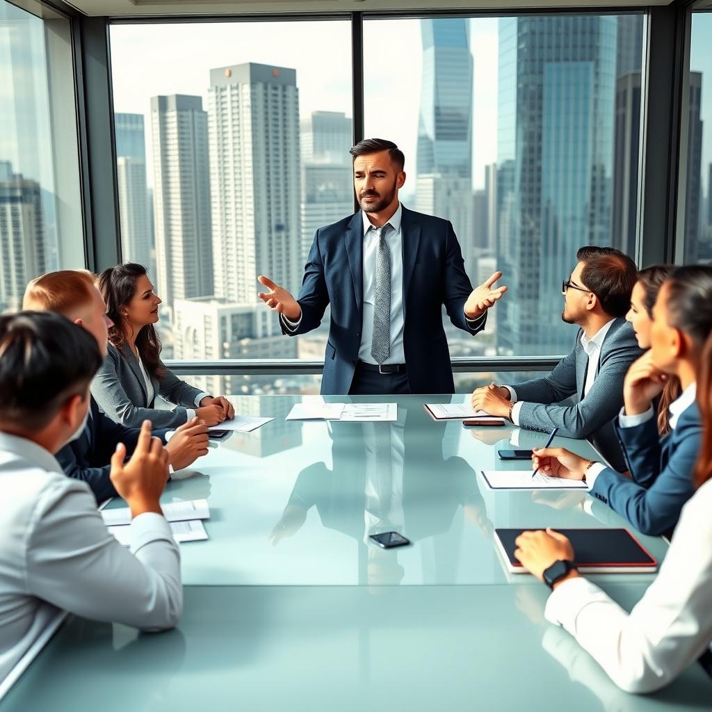 A confident male CEO in a sharp suit, holding a meeting with a group of diverse investors around a modern conference table