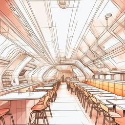 Sketch-style interior illustration of a large, futuristic restaurant. The design features light colors, contributing to a clean and modern aesthetic.