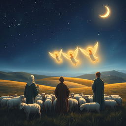 A serene nighttime scene featuring shepherds watching over their flock of sheep, gathered near a gentle hill under a starry sky