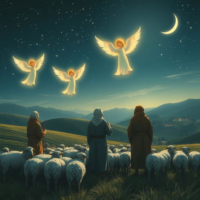 A serene nighttime scene featuring shepherds watching over their flock of sheep, gathered near a gentle hill under a starry sky