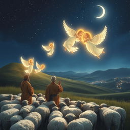 A serene nighttime scene featuring shepherds watching over their flock of sheep, gathered near a gentle hill under a starry sky