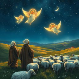 A serene nighttime scene featuring shepherds watching over their flock of sheep, gathered near a gentle hill under a starry sky
