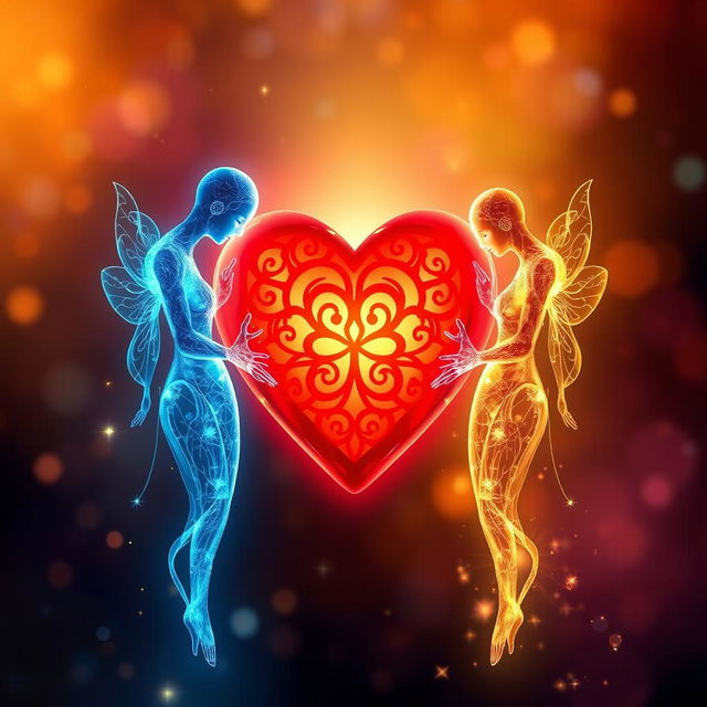 An artistic representation of one glowing heart at the center with two ethereal souls delicately intertwined around it, symbolizing unity and deep connection