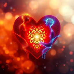 An artistic representation of one glowing heart at the center with two ethereal souls delicately intertwined around it, symbolizing unity and deep connection