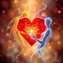 An artistic representation of one glowing heart at the center with two ethereal souls delicately intertwined around it, symbolizing unity and deep connection