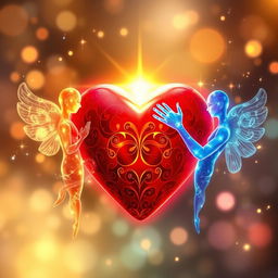 An artistic representation of one glowing heart at the center with two ethereal souls delicately intertwined around it, symbolizing unity and deep connection