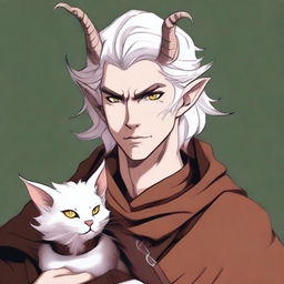 This digital art image illustrates a young tiefling with medium-length, fluffy white hair styled half up, half down with curtain bangs