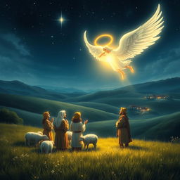A serene night scene depicting a group of shepherds in a lush, rolling countryside under a starlit sky