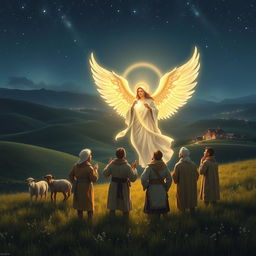 A serene night scene depicting a group of shepherds in a lush, rolling countryside under a starlit sky