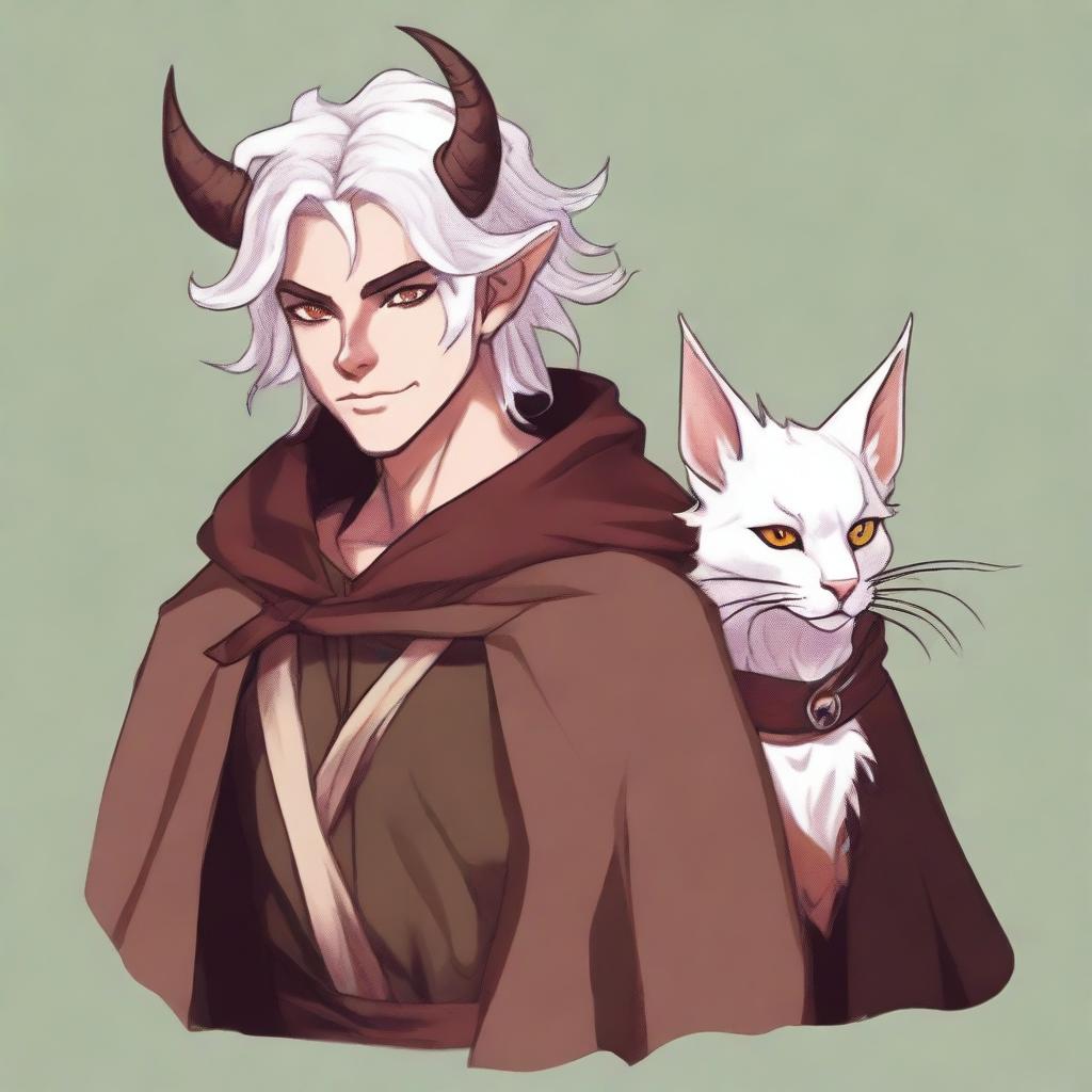 This digital art image illustrates a young tiefling with medium-length, fluffy white hair styled half up, half down with curtain bangs