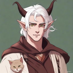 This digital art image illustrates a young tiefling with medium-length, fluffy white hair styled half up, half down with curtain bangs