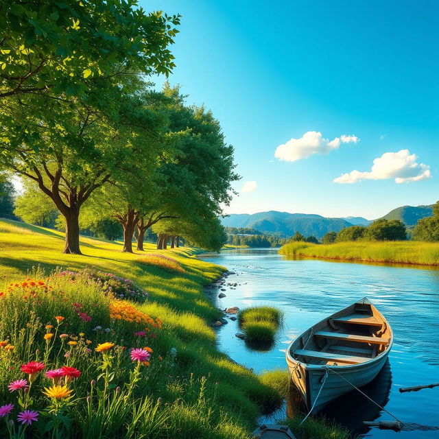 A serene and picturesque scene depicting a lush green landscape beside a gently flowing river