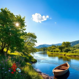 A serene and picturesque scene depicting a lush green landscape beside a gently flowing river