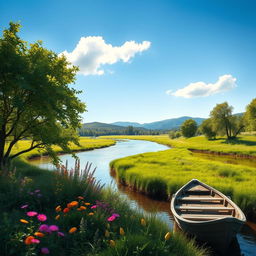 A serene and picturesque scene depicting a lush green landscape beside a gently flowing river
