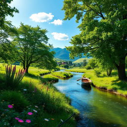 A serene and picturesque scene depicting a lush green landscape beside a gently flowing river