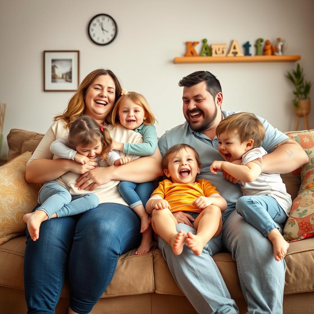 A warm and joyful family scene featuring a cheerful mother and her husband, both embracing their bodies with confidence, sitting comfortably on a cozy couch at home