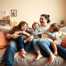 A warm and joyful family scene featuring a cheerful mother and her husband, both embracing their bodies with confidence, sitting comfortably on a cozy couch at home
