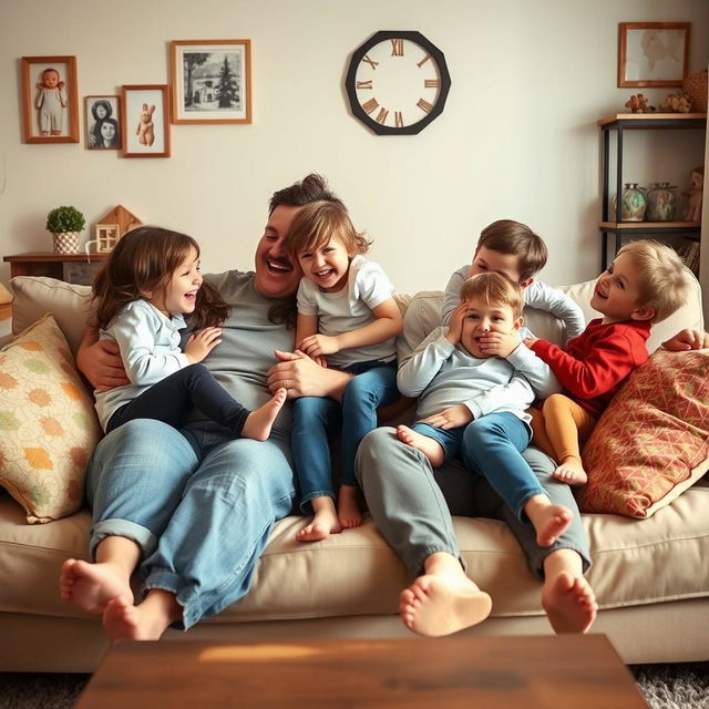 A warm and joyful family scene featuring a cheerful mother and her husband, both embracing their bodies with confidence, sitting comfortably on a cozy couch at home