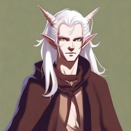 This digital art image illustrates a young tiefling with medium-length, fluffy white hair styled half up, half down with curtain bangs